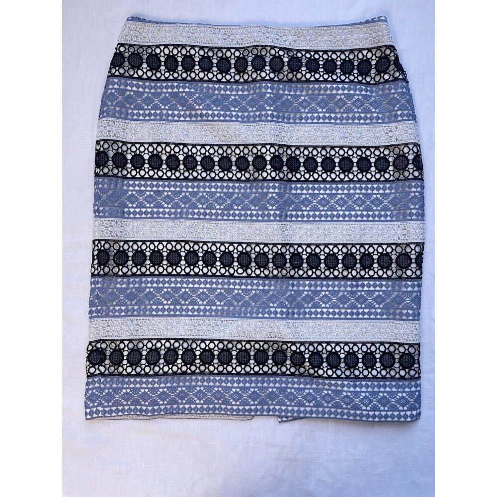 Talbots Sz 6 Blue Cream Black Lace Stripe Pencil Skirt Crochet Geometric Floral